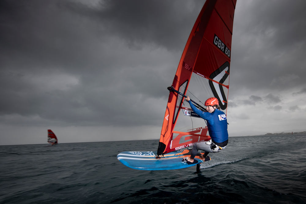 Sam sill windsurfing on the ocean during a stormy day
